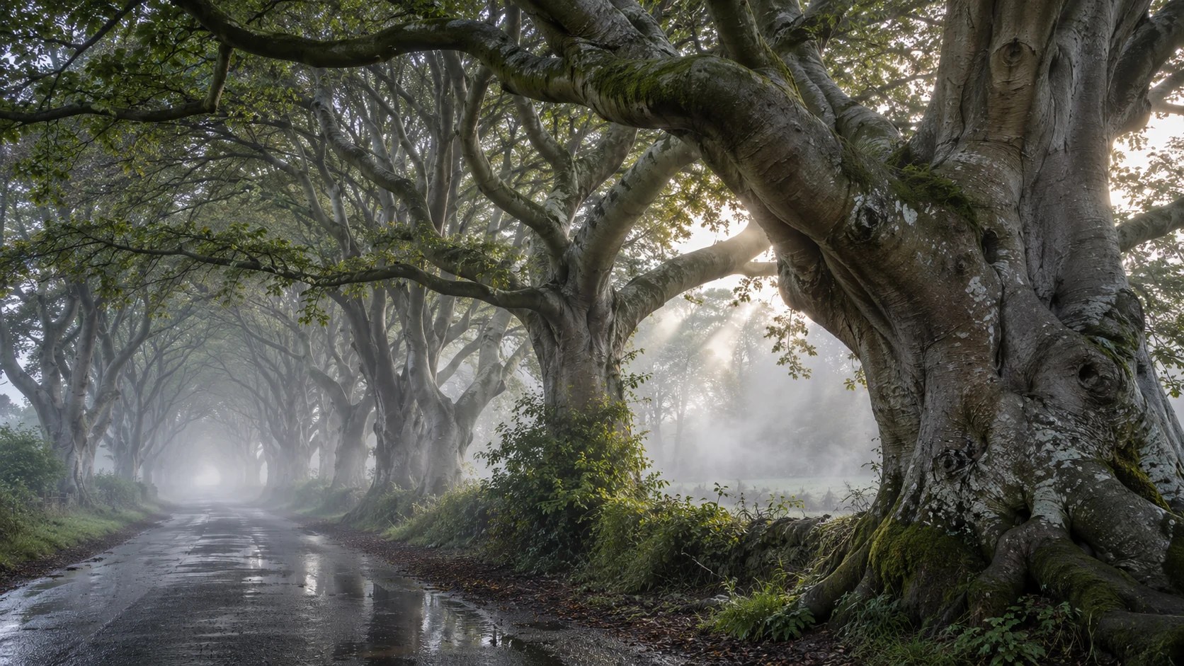 Interwoven veteran beech trunks at the Dark Hedges in mist